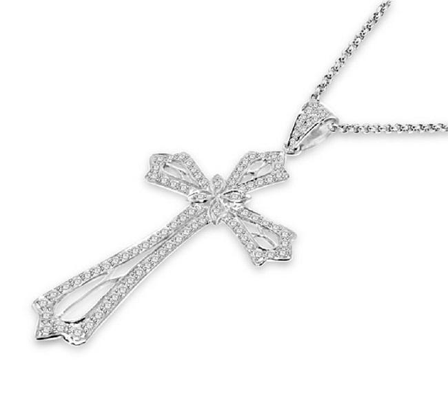 Round Diamond Designer Cross Anniversary Pendants I1 G 1.45 Ct 14k/18k White Gold Pave Set