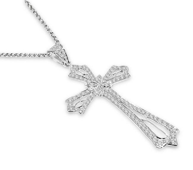 Round Diamond Designer Cross Anniversary Pendants I1 G 1.45 Ct 14k/18k White Gold Pave Set