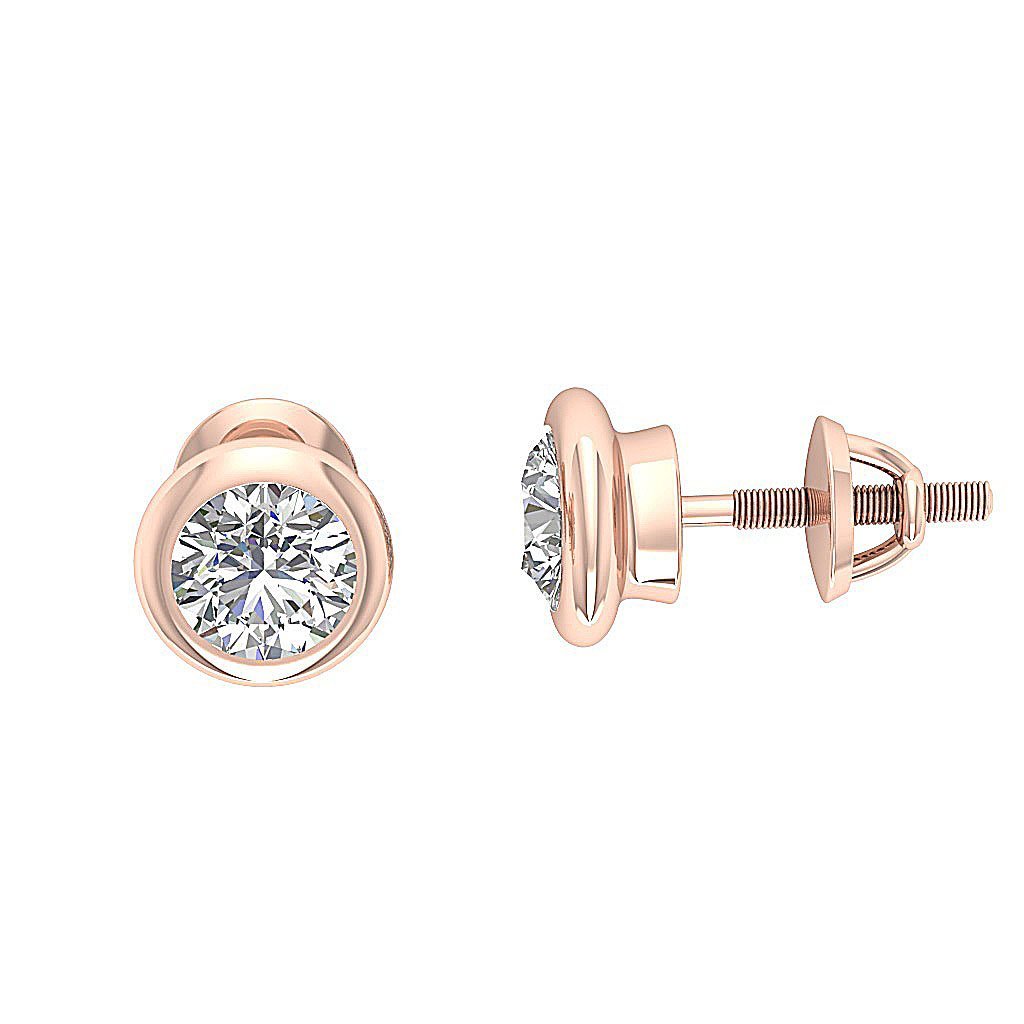14k/18k Rose Gold Solitaire Studs Anniversary Earrings Round Diamond SI1 G 1.00 Ct Bezel Set