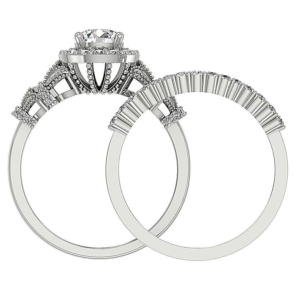Flower Shaped Milgrain Halo Wedding Rings Bridal Set I1 G 1.30 Carat Natural Diamond