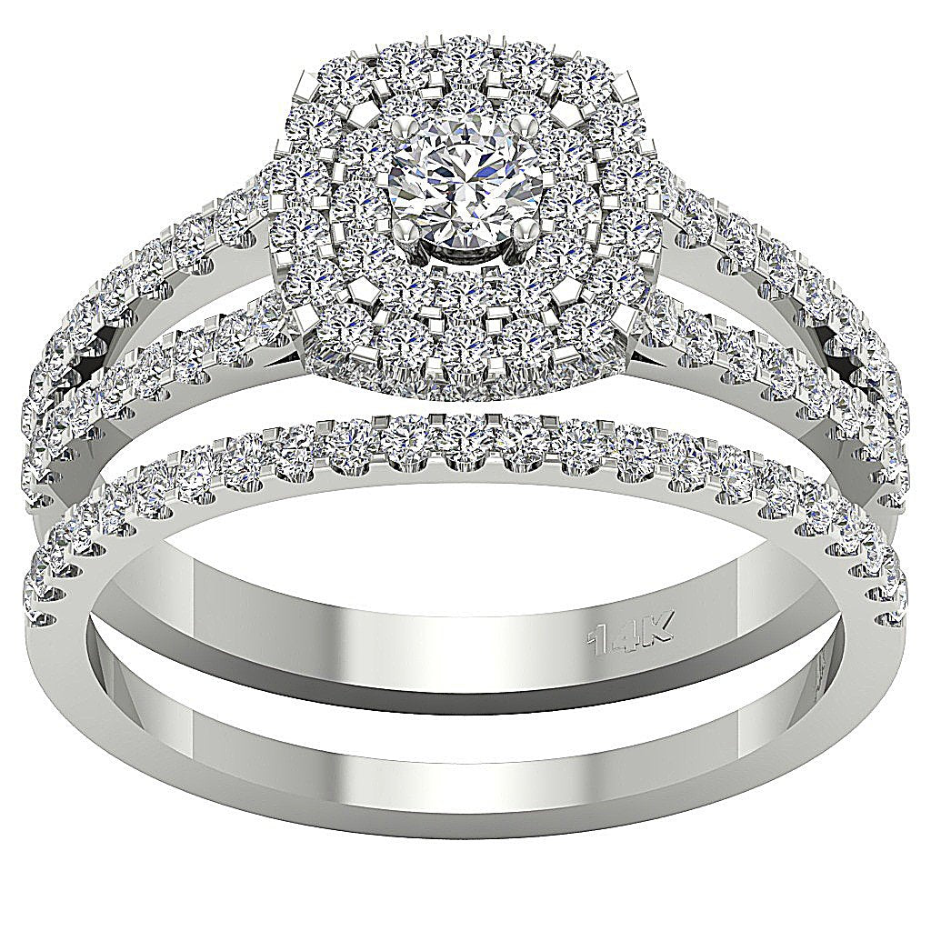 Cushion Double Halo Bridal Wedding Ring Sets I1 G 1.35 Ct Round Cut Diamond 14k Gold