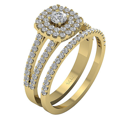 Cushion Double Halo Bridal Wedding Ring Sets I1 G 1.35 Ct Round Cut Diamond 14k Gold
