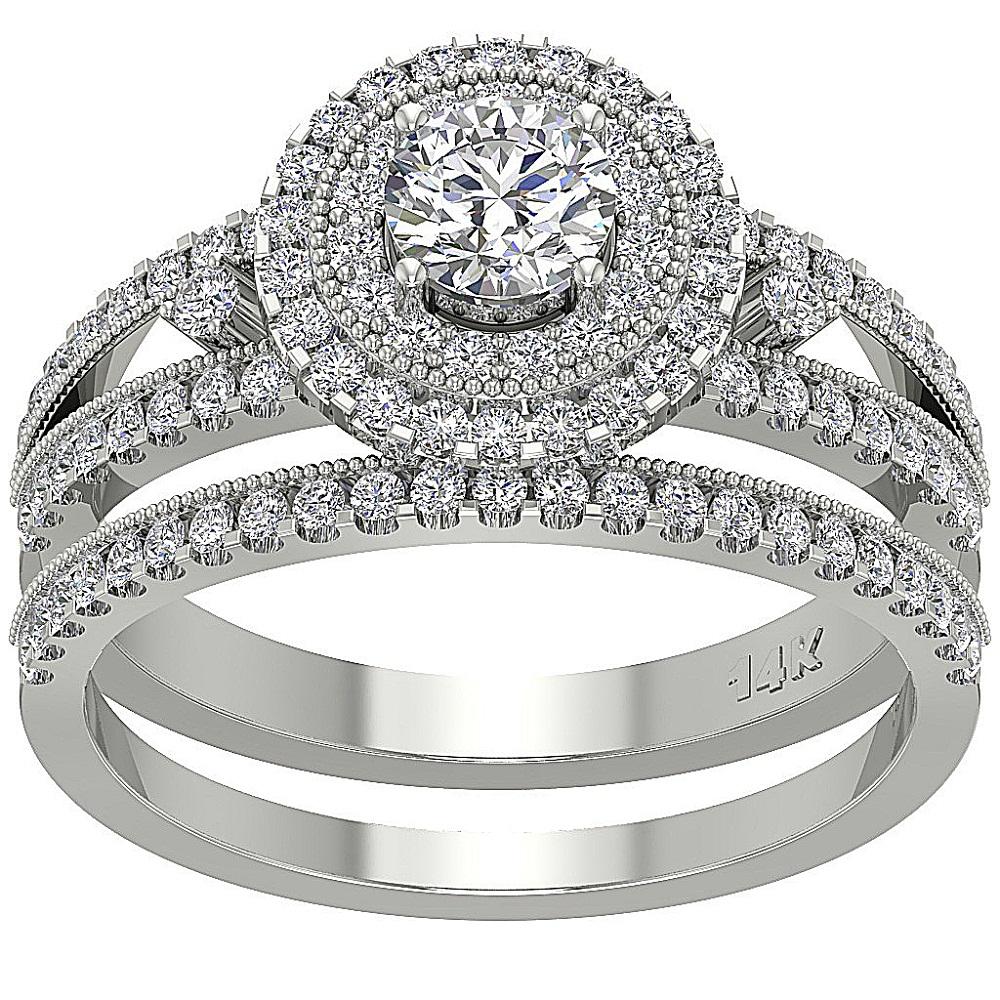 DoubleHaloDiamondWeddingBridalRingSet14kWhiteGold