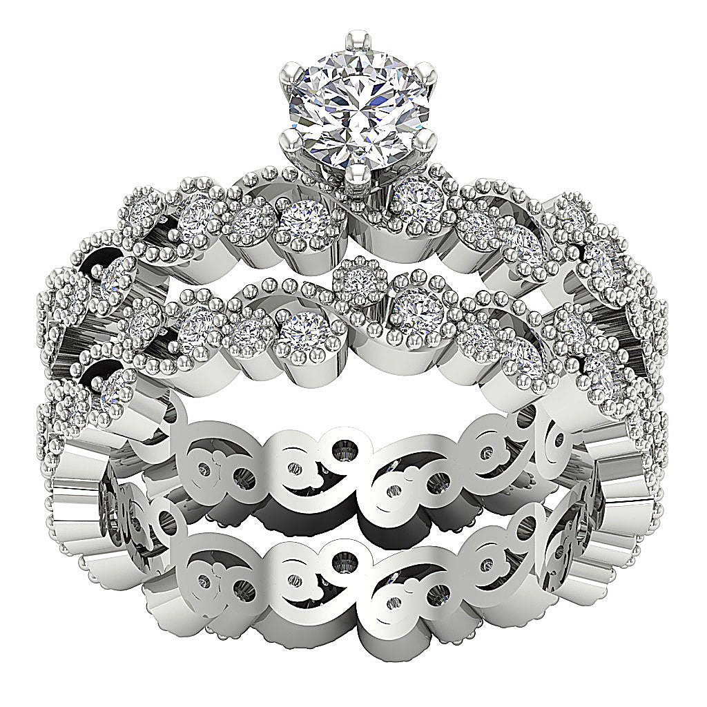 6 Prong Milgrain Solitaire Engagement Eternity Ring Wedding Band Set Gold I1 G 1.65 Ct Genuine Diamond