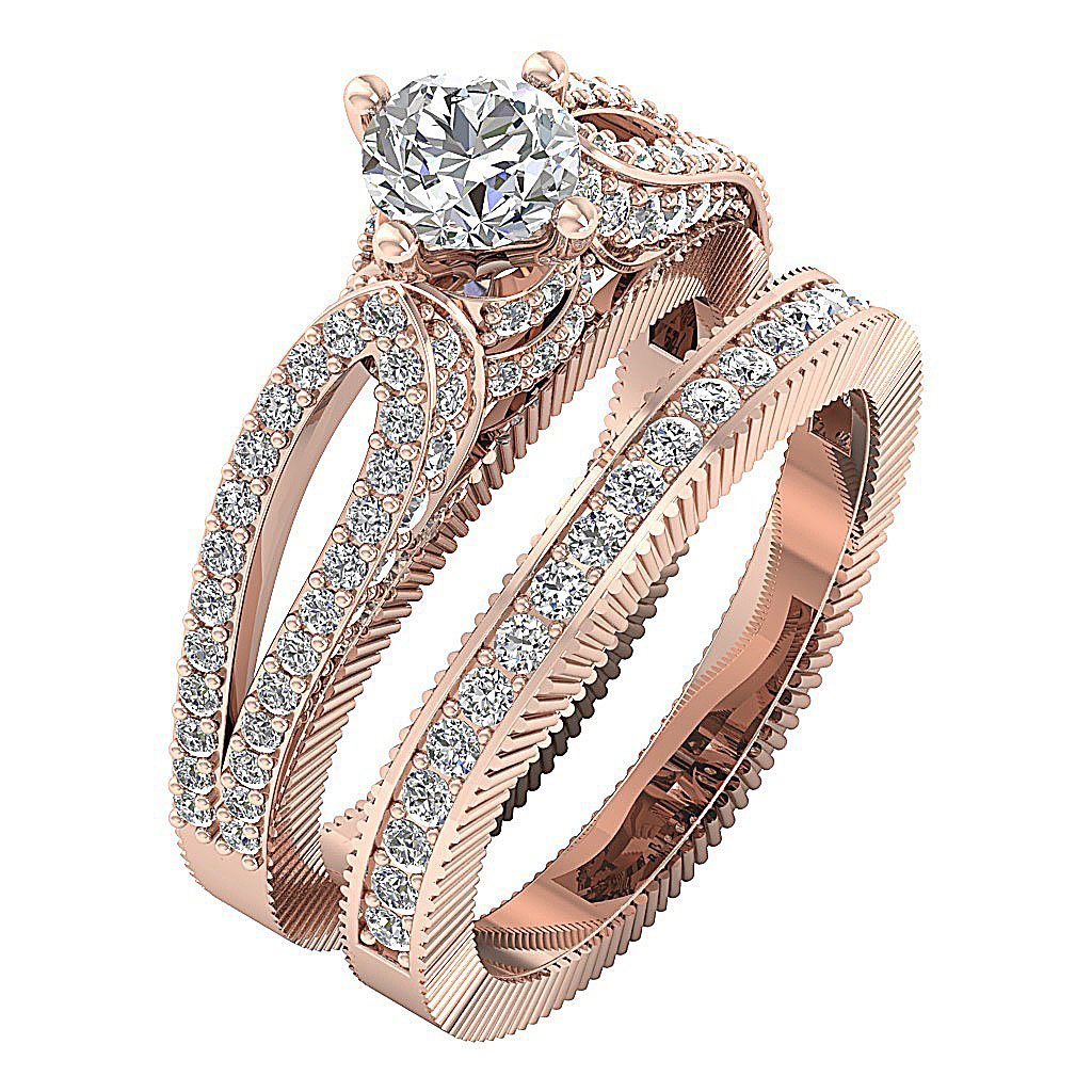 Double Bridal Solitaire Wedding Ring Set Natural Round Diamond SI1 G 1.85Ct