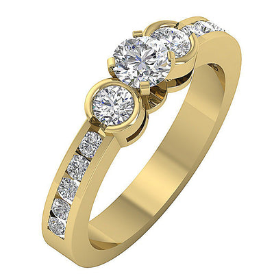 18K Yellow Gold Three Stone Round and Pavé Set Diamond Engagement Ring