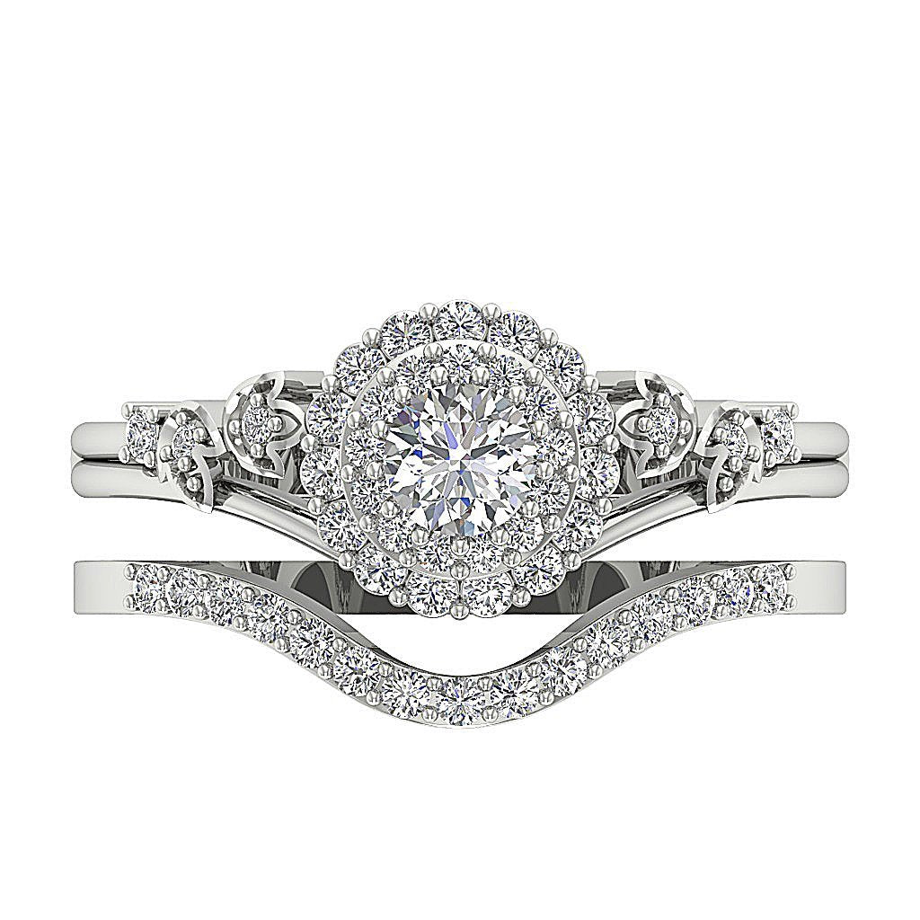 Double Halo Engagement Band Sets Round Cut Diamond SI1 G 0.75 Ct 14k Gold