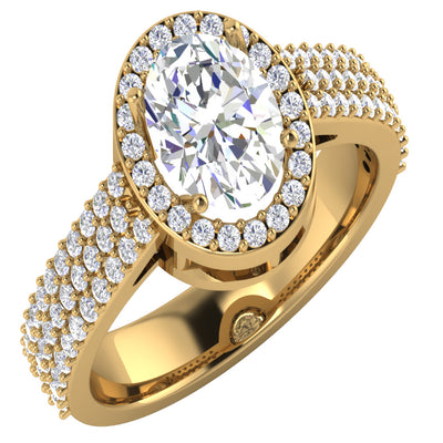 Three Row Solitaire Halo Engagement Ring I1 G 2.15 Ct Oval Round Genuine Diamond 14K Yellow Gold