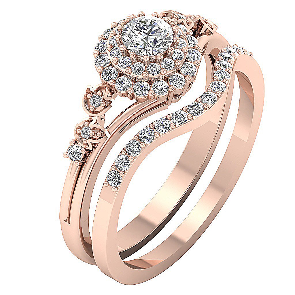 Double Halo Engagement Band Sets Round Cut Diamond SI1 G 0.75 Ct 14k Gold