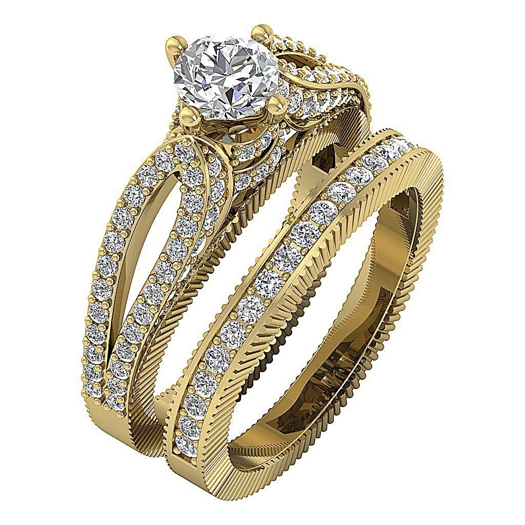 Double Bridal Solitaire Wedding Ring Set Natural Round Diamond SI1 G 1.85Ct