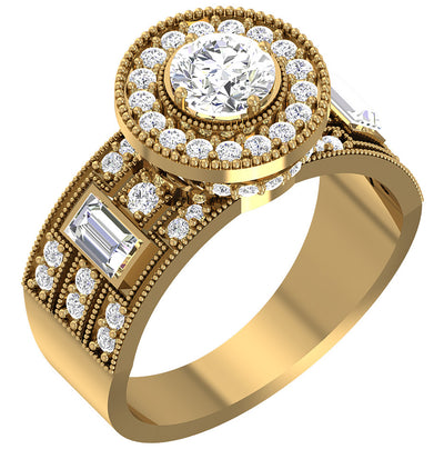 Solitaire Diamond With Baguettes Halo Engagement Band 14K White Yellow Rose Gold SI1 G 1.55 Carat Prong Set