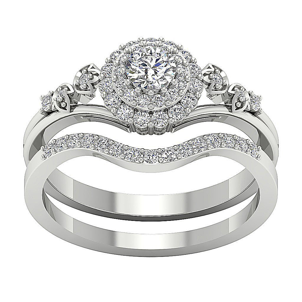 Double Halo Engagement Band Sets Round Cut Diamond SI1 G 0.75 Ct 14k Gold