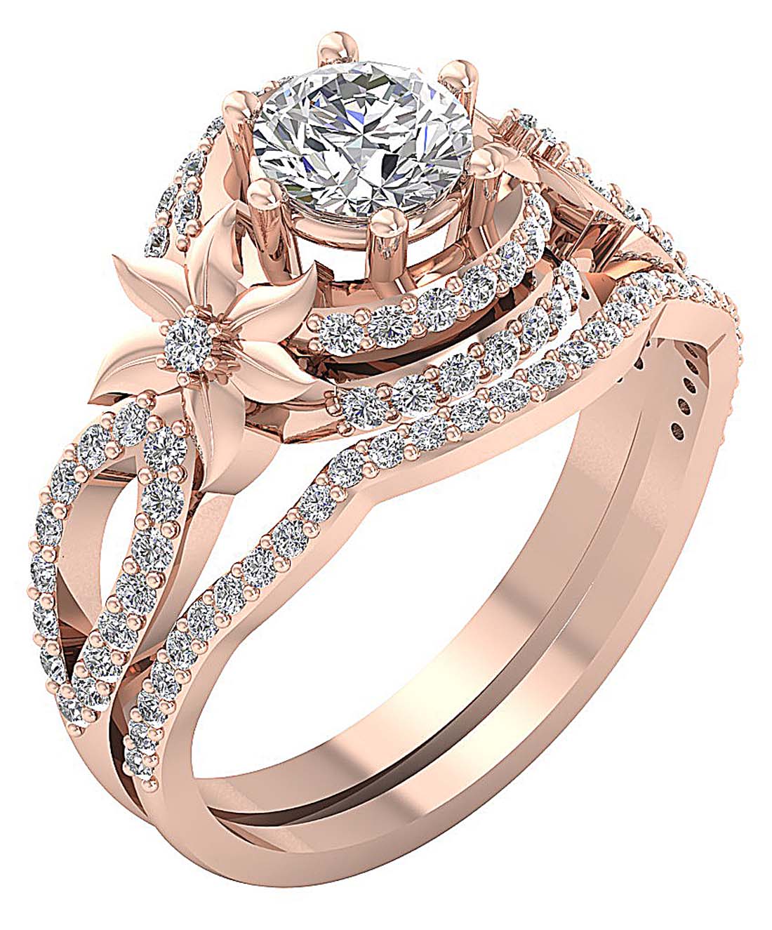 Floral Designer Wedding Rings Bridal Set 14K Gold I1 G 1.55 Carat Genuine Diamond 13.60 MM