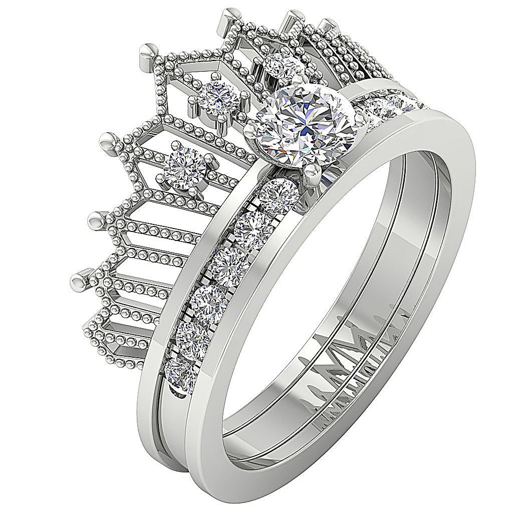 Queen Crown Bridal Anniversary Ring 14K Solid Gold Prong Set SI1 G 1.15 Ct Round Diamond 13.25 MM